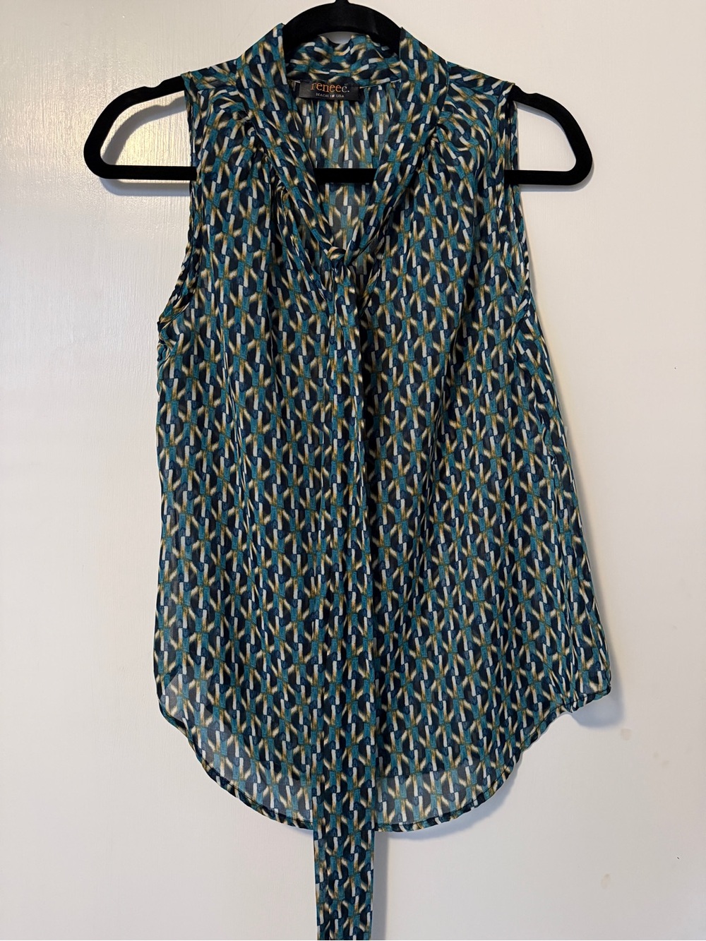 Renee C. Teal Navy Printed Tie-Neck Sleeveless Top – Med